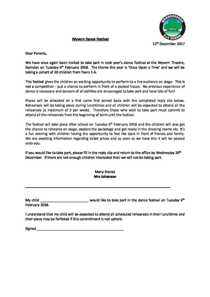 Wyvern Dance Festival letter to parents - 12 12 17 - Woodborough