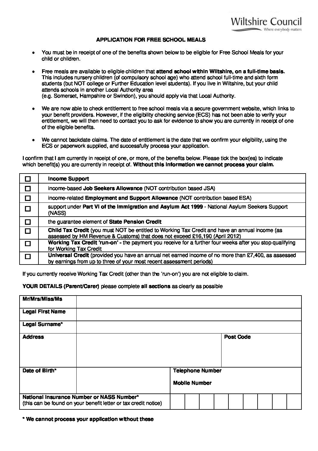 Free School Meals Application Form Woodborough Primary School